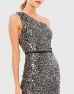 Sequined One Shoulder Fitted Mini Dress -Fashion Dress Shop 26497 Gunmetal CL