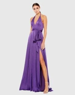 Charmeuse Halter Strap Soft Tie Waist Gown -Fashion Dress Shop 26531 PUR Default 1 WS