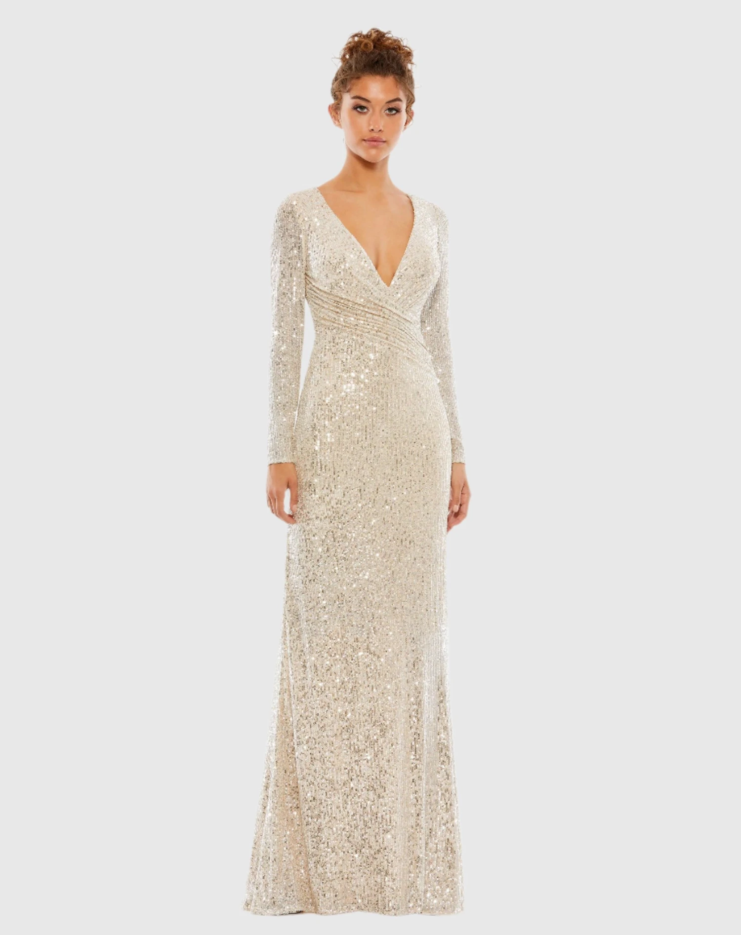 Sequined Faux Wrap Long Sleeve Column Gown 1 Sequined Faux Wrap Long Sleeve Column Gown