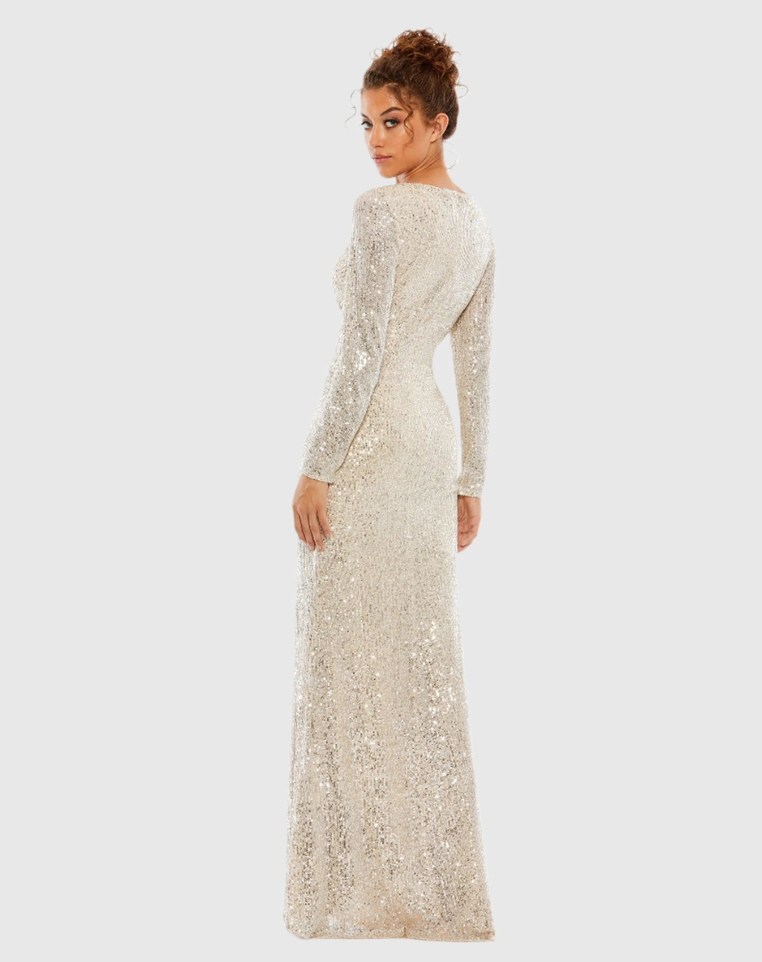Sequined Faux Wrap Long Sleeve Column Gown 2 Sequined Faux Wrap Long Sleeve Column Gown - Image 2