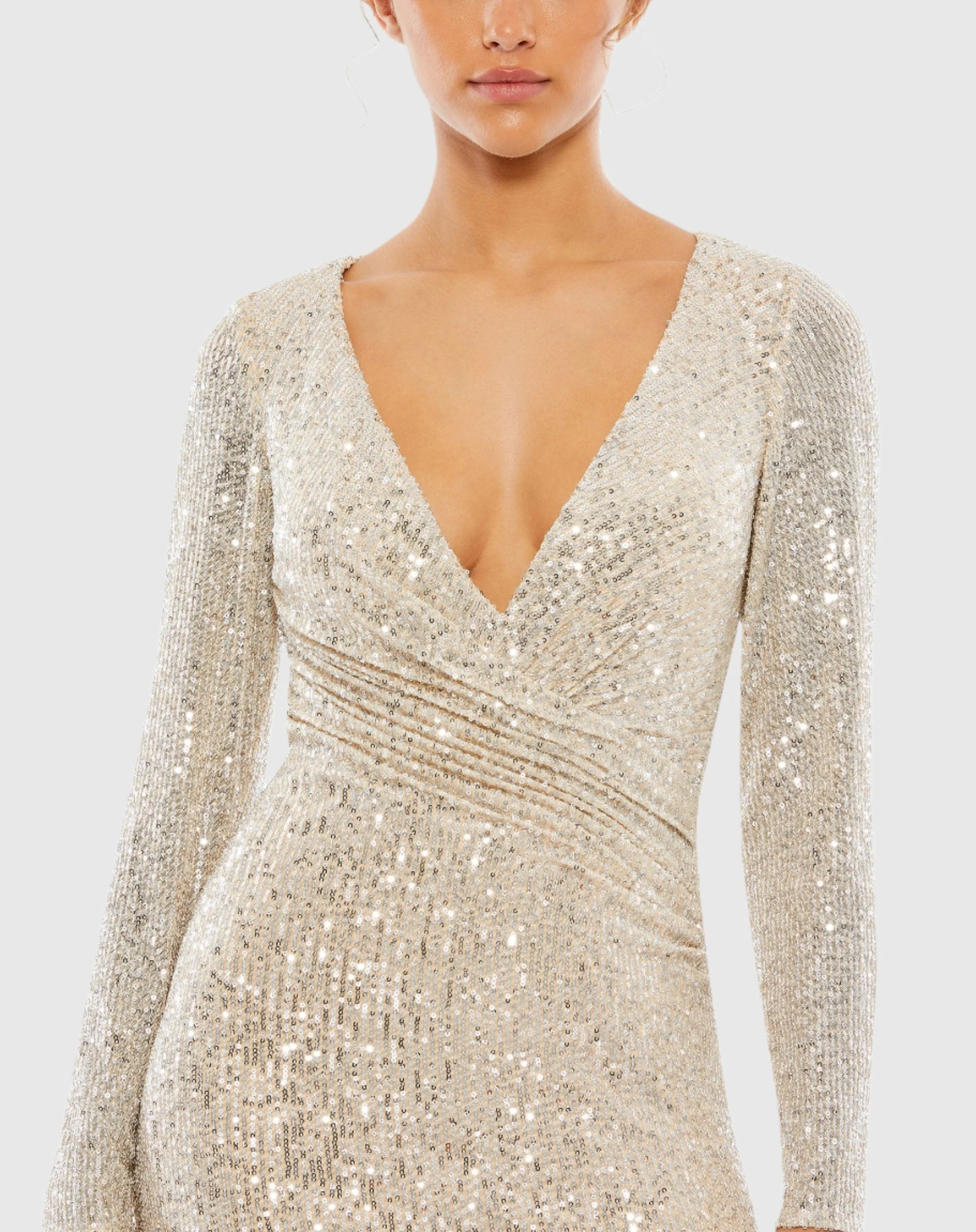 Sequined Faux Wrap Long Sleeve Column Gown 3 Sequined Faux Wrap Long Sleeve Column Gown - Image 3