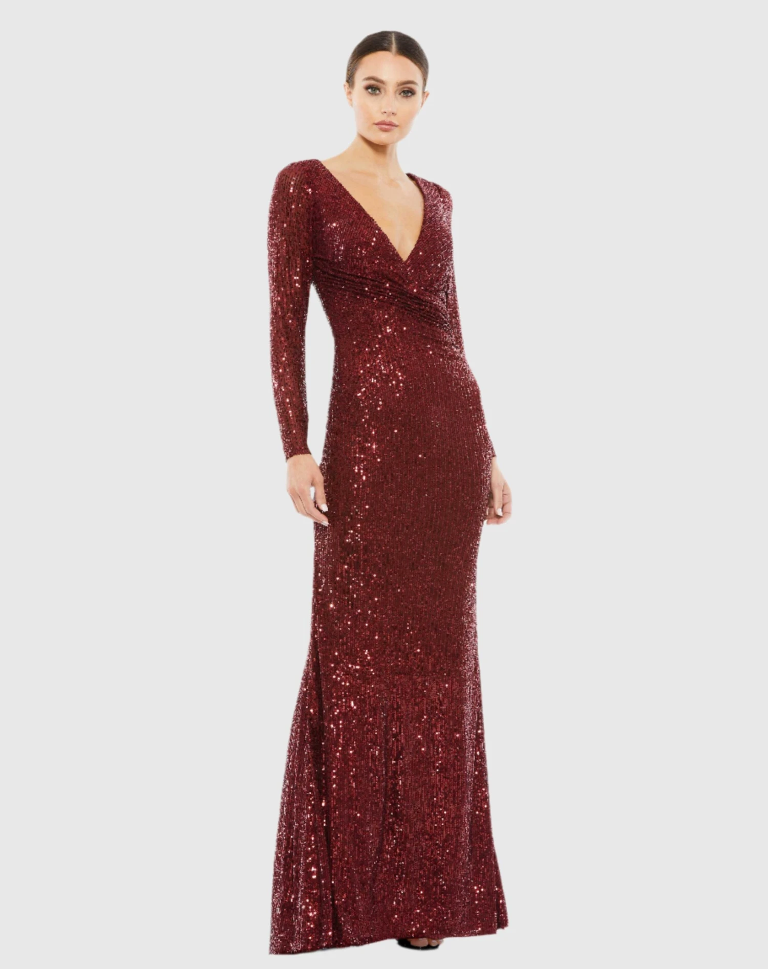 Sequined Faux Wrap Long Sleeve Column Gown 4 Sequined Faux Wrap Long Sleeve Column Gown - Image 4