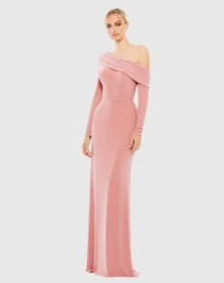 Drop Shoulder Long Sleeve Column Gown -Fashion Dress Shop 26595 RoseGold AB scaled