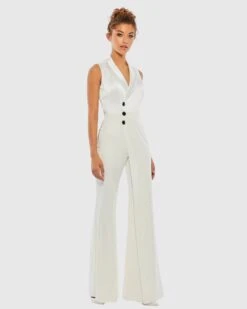 Asymmetrical Sleeveless Faux Tuxedo Jumpsuit -Fashion Dress Shop 26603 White AB