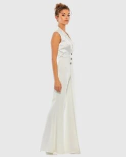 Asymmetrical Sleeveless Faux Tuxedo Jumpsuit -Fashion Dress Shop 26603 White AS
