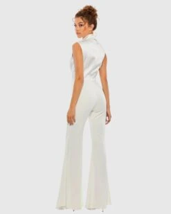 Asymmetrical Sleeveless Faux Tuxedo Jumpsuit -Fashion Dress Shop 26603 White BK