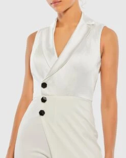 Asymmetrical Sleeveless Faux Tuxedo Jumpsuit -Fashion Dress Shop 26603 White CL