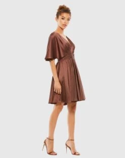 Satin Flowy Cape Sleeve Mini Dress -Fashion Dress Shop 26605 Chocolate AS