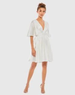 Satin Flowy Cape Sleeve Mini Dress -Fashion Dress Shop 26605 White AB