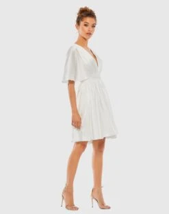 Satin Flowy Cape Sleeve Mini Dress -Fashion Dress Shop 26605 White AS