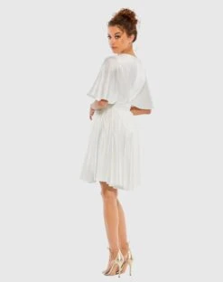 Satin Flowy Cape Sleeve Mini Dress -Fashion Dress Shop 26605 White BK