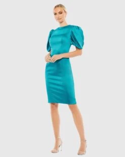 Satin Puff Sleeve Fitted Cocktail Dress