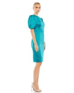 Satin Puff Sleeve Fitted Cocktail Dress -Fashion Dress Shop 26636 OceanBlue AS