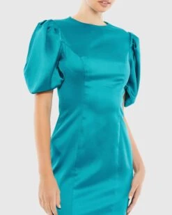 Satin Puff Sleeve Fitted Cocktail Dress -Fashion Dress Shop 26636 OceanBlue CL