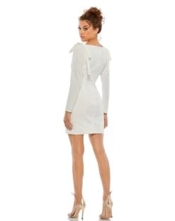 Bow Shoulder Long Sleeve Sweetheart Fitted Mini Dress -Fashion Dress Shop 26643 White BK scaled