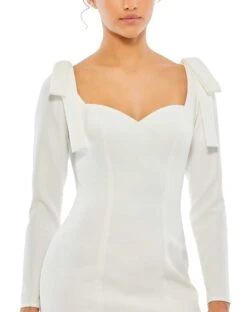 Bow Shoulder Long Sleeve Sweetheart Fitted Mini Dress -Fashion Dress Shop 26643 White CL