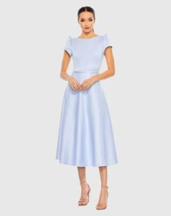 Satin Puff Shoulder Tea Length Dress -Fashion Dress Shop 26663 IceBlue AB