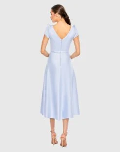 Satin Puff Shoulder Tea Length Dress -Fashion Dress Shop 26663 IceBlue BK