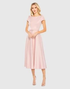 Satin Puff Shoulder Tea Length Dress -Fashion Dress Shop 26663 RosePink AB