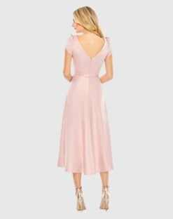 Satin Puff Shoulder Tea Length Dress -Fashion Dress Shop 26663 RosePink BK