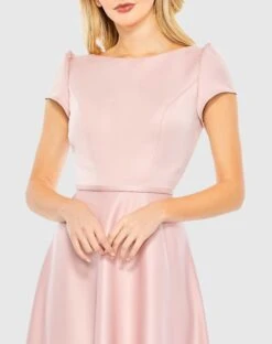 Satin Puff Shoulder Tea Length Dress -Fashion Dress Shop 26663 RosePink CL scaled