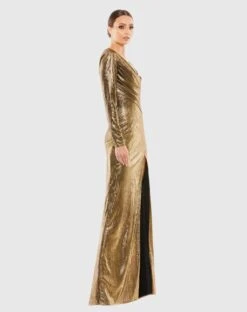 Metallic Long Sleeve Asymmetrical Ruched Gown -Fashion Dress Shop 26684 Gold AS scaled