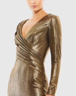 Metallic Long Sleeve Asymmetrical Ruched Gown -Fashion Dress Shop 26684 Gold CL