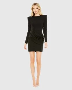 Long Sleeve Mini Dress With Shoulder Pads -Fashion Dress Shop 26704 BLK Default 1 WS