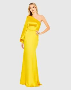 One Shoulder Bishop Sleeve Trumpet Gown -Fashion Dress Shop 26712 Sunset AB scaled