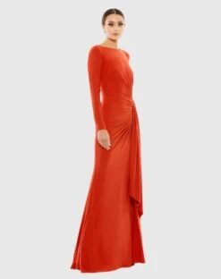 Ruched Long Sleeve Cowl Neck Gown -Fashion Dress Shop 26714 Brick AS scaled