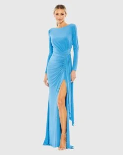 Ruched Long Sleeve Cowl Neck Gown -Fashion Dress Shop 26714 Turquoise AB scaled