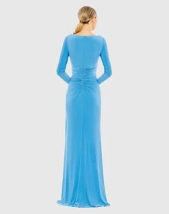 Ruched Long Sleeve Cowl Neck Gown -Fashion Dress Shop 26714 Turquoise BK scaled