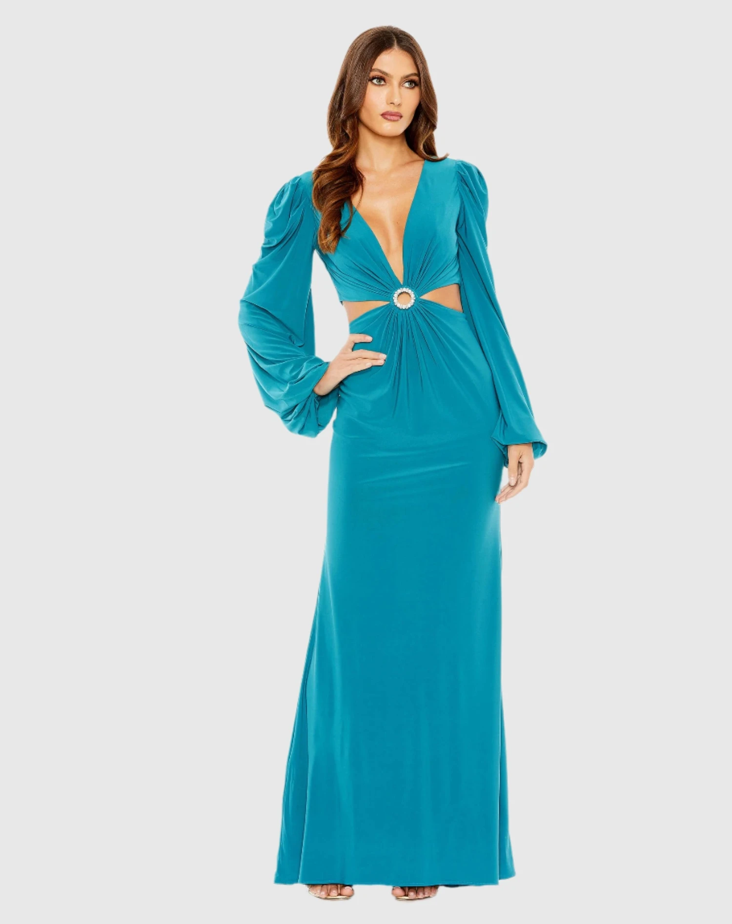 Jersey Puff Sleeve Cut Out Column Gown 1 Jersey Puff Sleeve Cut Out Column Gown