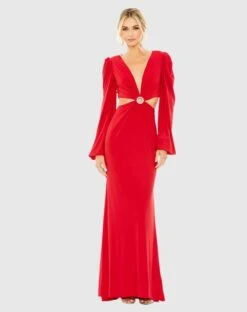 Jersey Puff Sleeve Cut Out Column Gown 6 Jersey Puff Sleeve Cut Out Column Gown -Fashion Dress Shop 26727 RED Default 1 WS