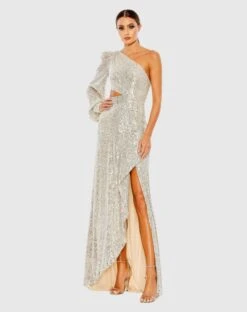 Sequined One Shoulder Cut Out Gown -Fashion Dress Shop 26730 Silver AB scaled