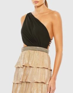 Metallic One Shoulder Ruffle Tiered Gown -Fashion Dress Shop 26742 BlackGold CL scaled