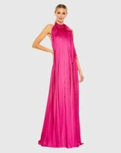 Pleated Trapeze Halter Neck Gown