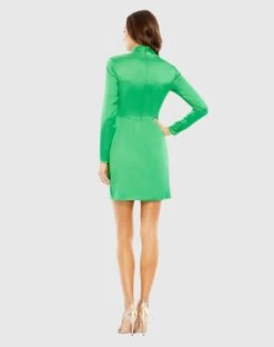 Mock Neck Draped Long Sleeve Mini Dress -Fashion Dress Shop 26931 Green BK