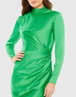 Mock Neck Draped Long Sleeve Mini Dress -Fashion Dress Shop 26931 Green CL scaled