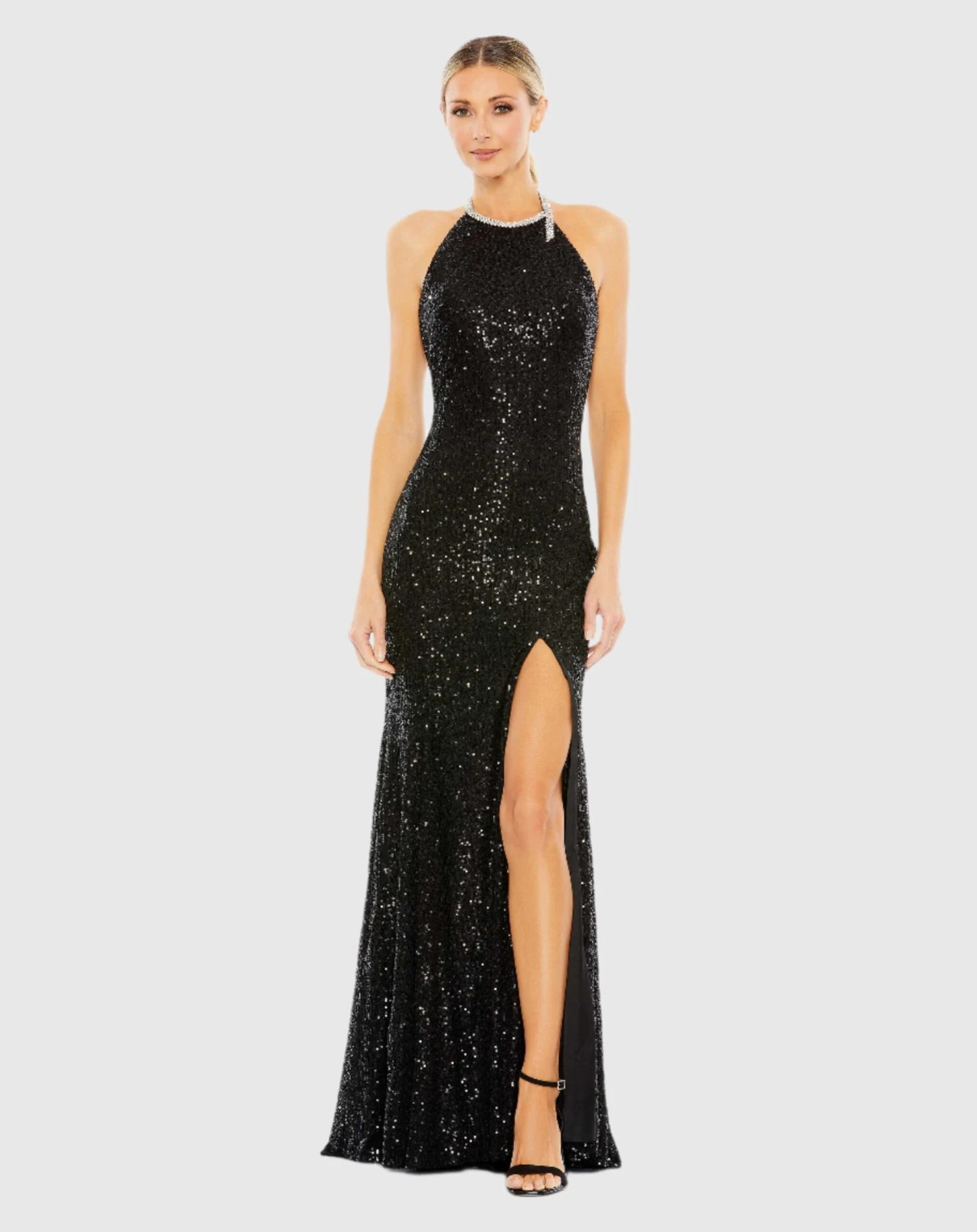 Sequined High Neck Rhinestone Trim Column Gown 7 Sequined High Neck Rhinestone Trim Column Gown - Image 7