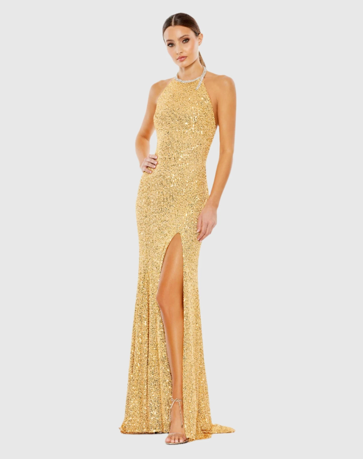 Sequined High Neck Rhinestone Trim Column Gown 1 Sequined High Neck Rhinestone Trim Column Gown