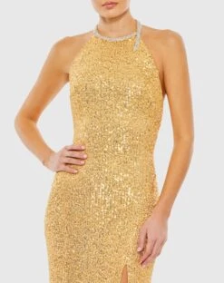 Sequined High Neck Rhinestone Trim Column Gown 11 Sequined High Neck Rhinestone Trim Column Gown -Fashion Dress Shop 26943 Gold CL