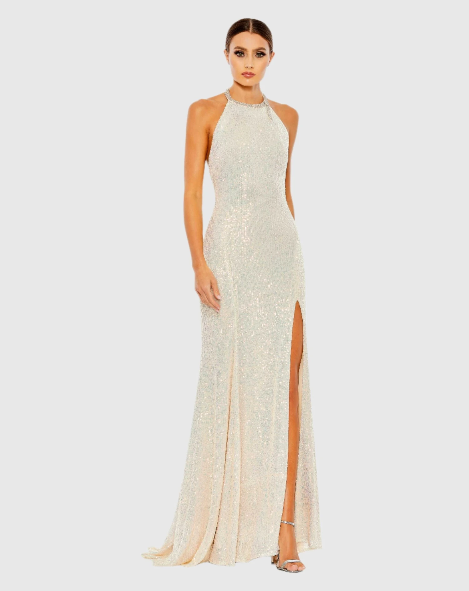 Sequined High Neck Rhinestone Trim Column Gown 4 Sequined High Neck Rhinestone Trim Column Gown - Image 4