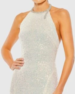 Sequined High Neck Rhinestone Trim Column Gown 14 Sequined High Neck Rhinestone Trim Column Gown -Fashion Dress Shop 26943 Iridescent CL