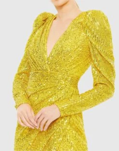 Sequined Shoulder Pad Cocktail Dress -Fashion Dress Shop 26944 Yellow CL