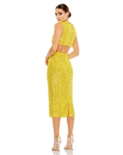 Sequin Front Twist Cut Out Column Dress -Fashion Dress Shop 27022 Marigold BK scaled