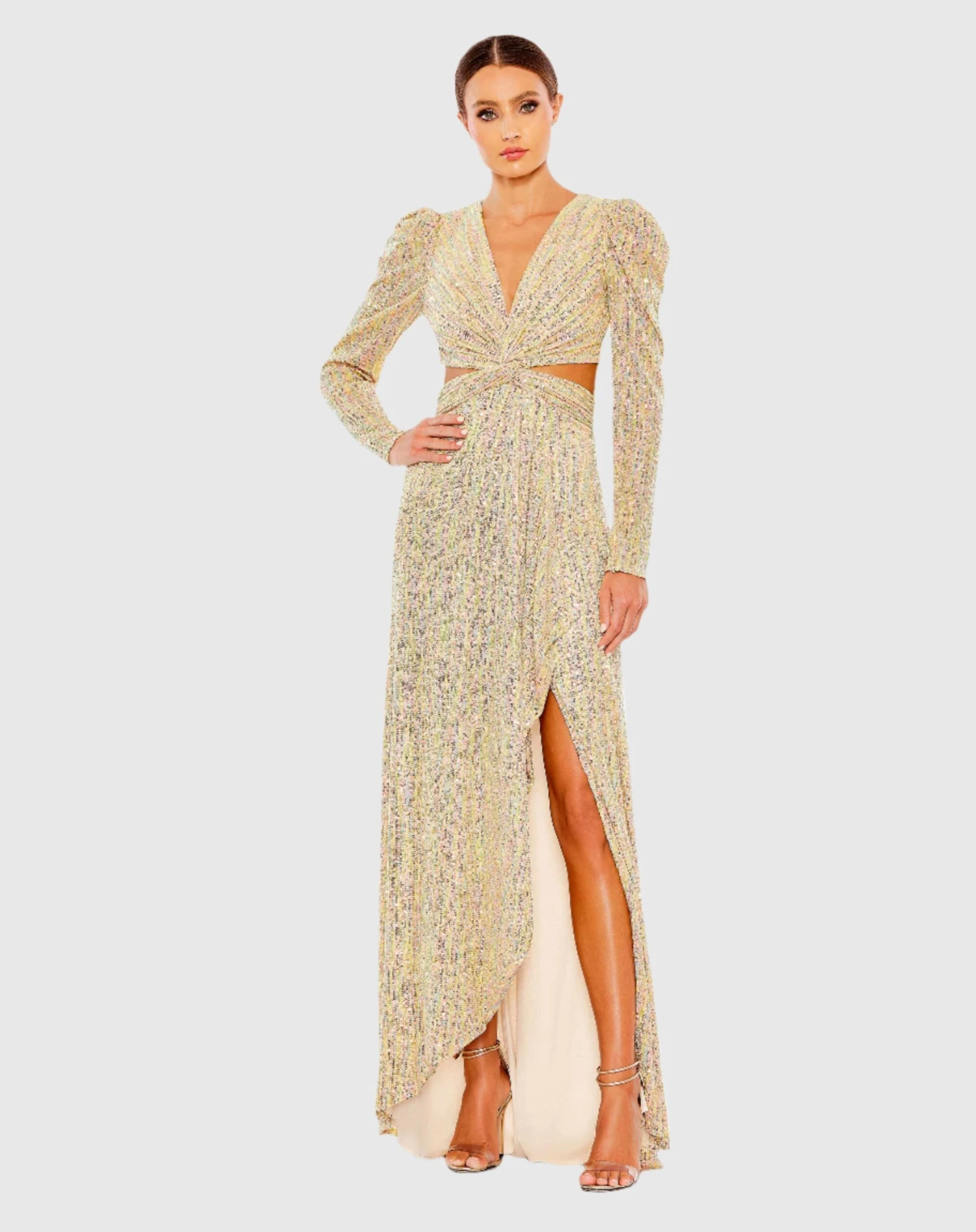 Metallic Puff Sleeve Front Twist Cut Out Gown 1 Metallic Puff Sleeve Front Twist Cut Out Gown