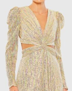 Metallic Puff Sleeve Front Twist Cut Out Gown 5 Metallic Puff Sleeve Front Twist Cut Out Gown -Fashion Dress Shop 27050 Gold CL