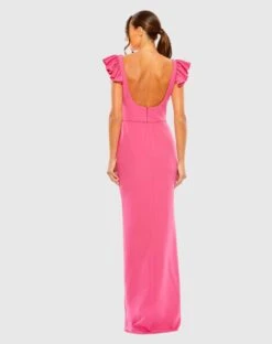 Ruffle Cap Sleeve Open Back Column Gown -Fashion Dress Shop 27109 Fucshia BK scaled