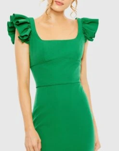 Ruffle Cap Sleeve Open Back Column Gown -Fashion Dress Shop 27109 Green CL scaled